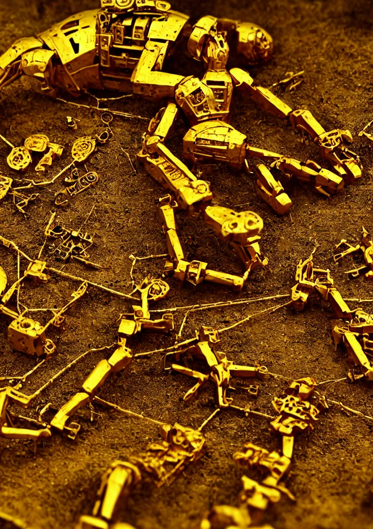 Prompt: Archaeologists discover ancient golden robot. Photorealistic. Intricate details.