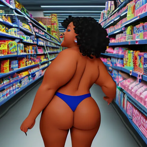 Image similar to high quality, highly detailed, still of black bbw woman in wal-mart follow shot, 3d, in the style of pixar, comic book style, 3d, highly detailed, 16k resolution, octane renderer, coherent, cinematic lighting