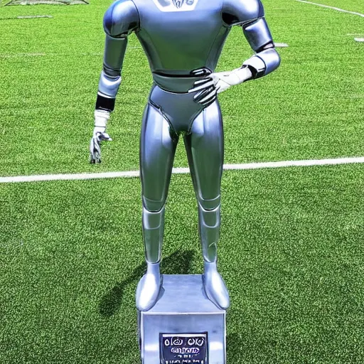 Image similar to “ a realistic detailed photo of a guy who is an attractive humanoid who is half robot and half humanoid, who is a male android, football player christian mccaffrey, shiny skin, posing like a statue, blank stare, on the field, on display ”