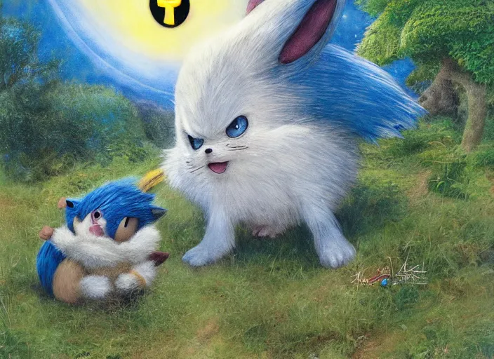 Prompt: kirby, Pikachu and sonic the hedgehog hybrid in the Shire by Alan Lee, moonlight, concept art, detailed clothing, art station, oil painting