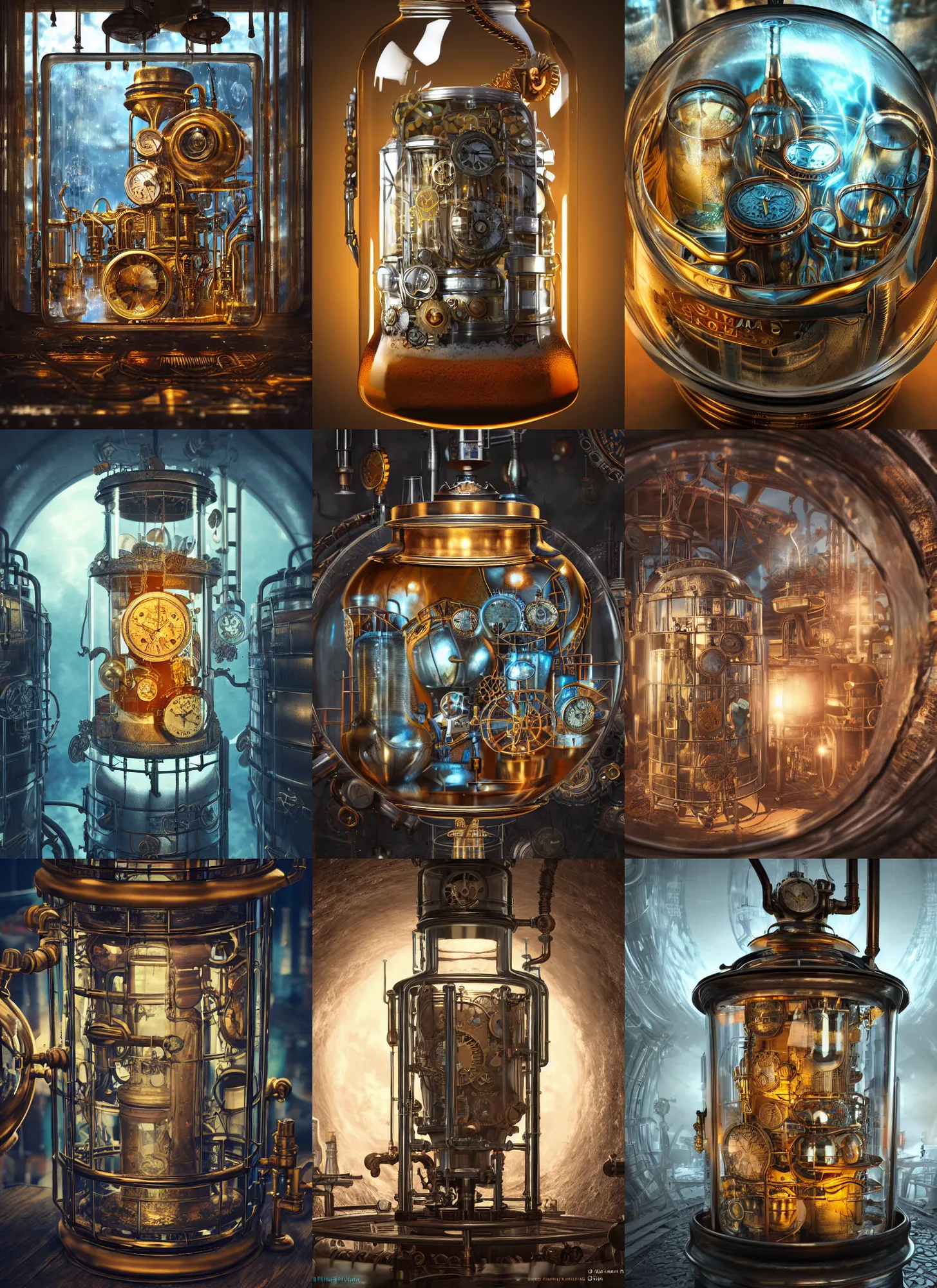 Prompt: steampunk brewery inside a glass jar, intricate detail, volumetric lighting, epic composition, hyper detailed, ultra realistic, sharp focus, octane render, blue moon, volumetric, ray tracing, artstation trending, cgsociety, sense of awe, swirling mist, 4 k