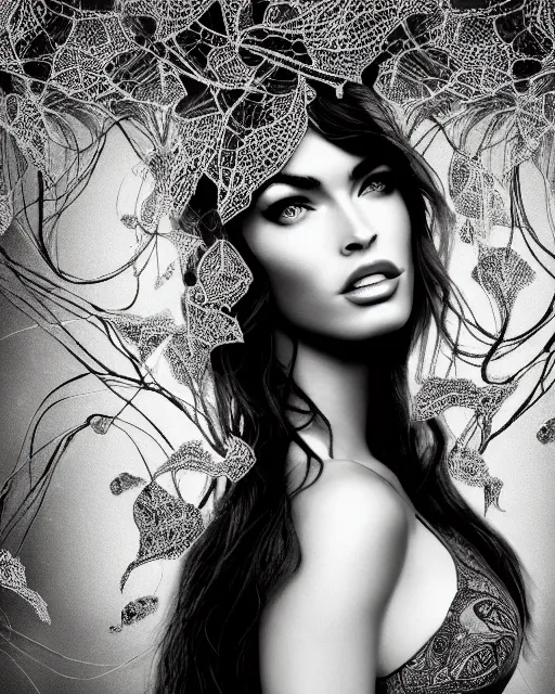 Prompt: surreal mythical dreamy artistic black and white fine art photo of megan fox - medus - cyborg covered with lace fish scales and translucent algae, highly detailed, intricate crystal ivy lace jelly fish scales ornate, poetic, octane render, 8 k, photo - realistic