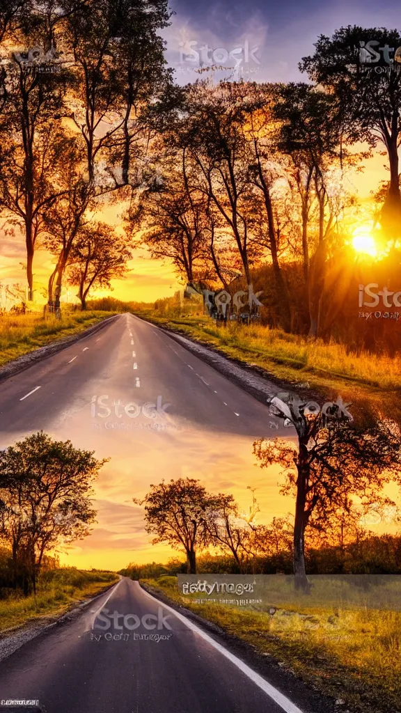 Image similar to beautiful sunset with a rural road of aligned trees, epic stock photo