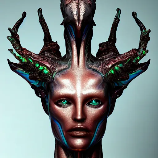 Prompt: symbiogenesis alien hybrid humanoid androgyne with recursive horns wing attached to side of head, concept art, xenomorph, sculpted iridescent glass, intricate detail, style by James Jean, circuitry, organic detail, asymmetry, negative space around image, cinematic, epic wide shot, ultra detailed, artstation, sharp focus,smooth, cinematic lighting, cinematic detail, composition, photorealistic, render in unreal engine 5, golden ratio, 8k render