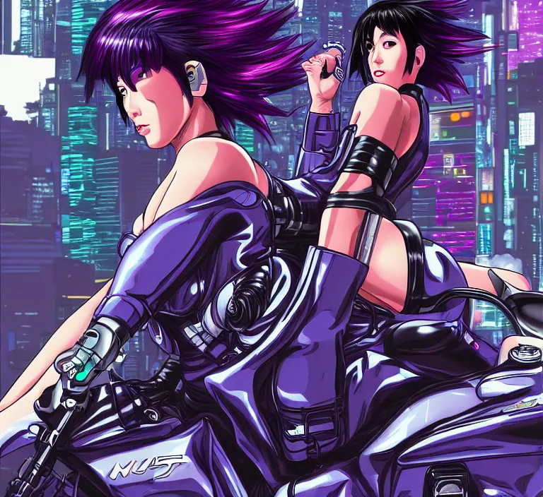 Image similar to motoko kusanagi riding a cyberpunk vehicle in a grungy cyberpunk megacity, bosozoku gang war, cyberpunk vaporwave, by phil jimenez, artgerm, sola digital arts, anti aliasing, raytracing