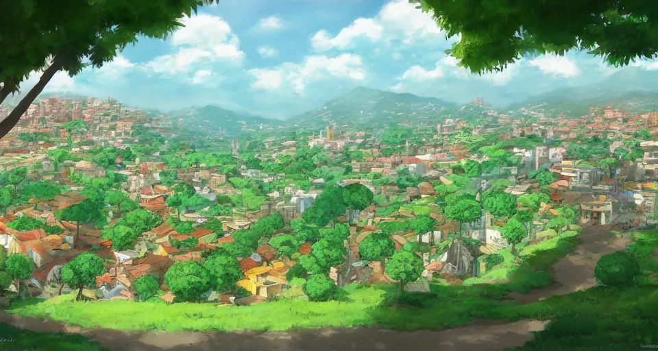 Prompt: City of Armenia Quindio, Artwork by Studio Ghibli, official media, concept art, 8k, pixiv, high definition, wallpaper, hd, digital artwork