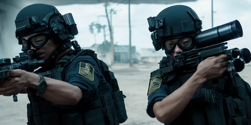 Image similar to vfx film, swat team squad crew, m 4 a 1, breach and clear, gang house, flat color profile low - key lighting award winning photography arri alexa cinematography, cinematic beautiful natural skin, famous face, atmospheric cool color - grade