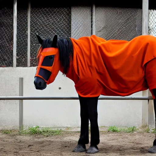 Image similar to horse with orange inmate clothes, in a jail