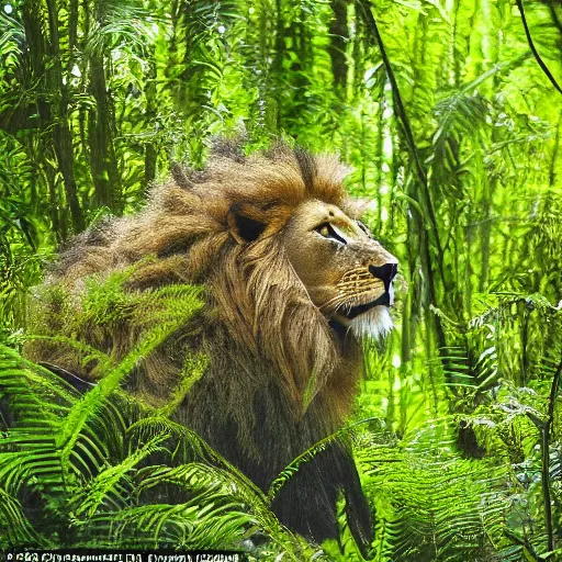 Prompt: unearthly speckled lion, in a lush alien forest filled with glowing unfamiliar flora, award - winning photography