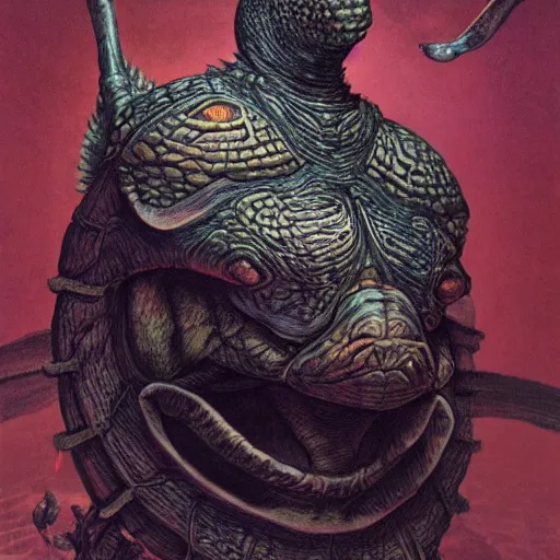 Image similar to anthropomorphic turtle humanoid, carapace, wayne barlowe, blizzard, winter, night, furs, fantasy