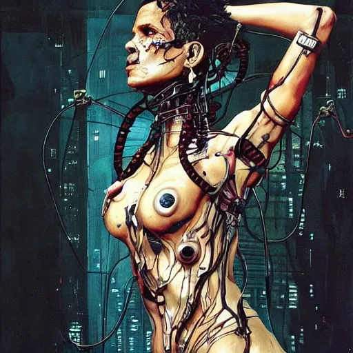 Image similar to halle berry as a cyberpunk noir detective, skulls, wires cybernetic implants, machine noir grimcore, in the style of adrian ghenie esao andrews jenny saville surrealism dark art by james jean takato yamamoto and by ashley wood and mike mignola