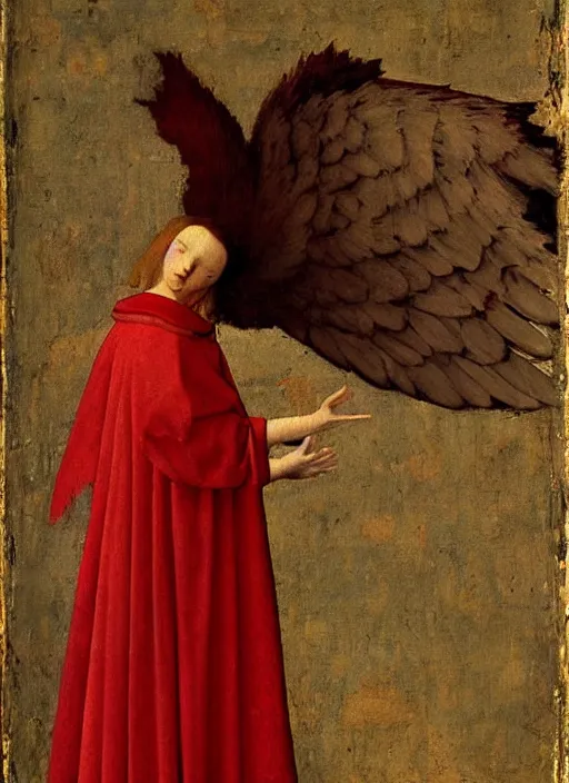 Image similar to Flying Fallen Angel with wings dressed in red, Medieval painting by Jan van Eyck, Johannes Vermeer, Florence