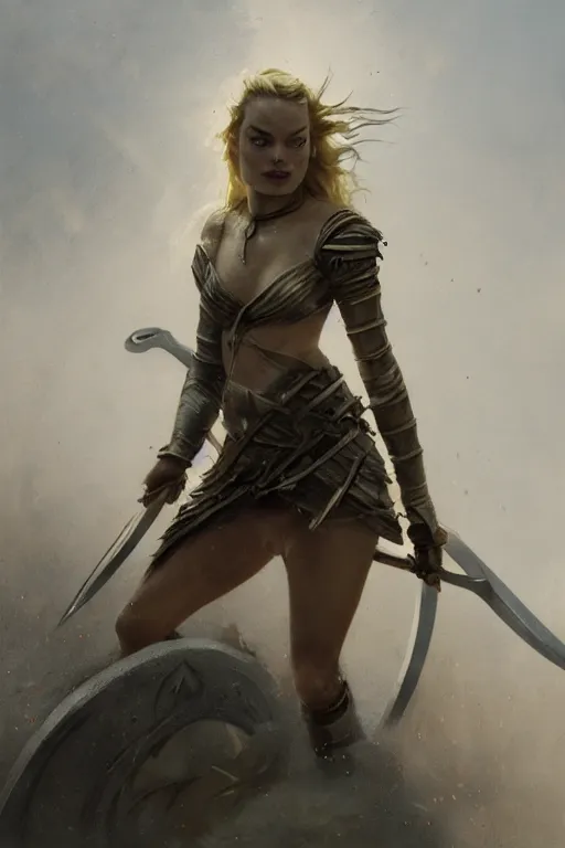Prompt: young margot robbie, legendary warrior, fighter, lord of the rings, tattoos, decorative ornaments, battle armor, carl spitzweg, ismail inceoglu, vdragan bibin, hans thoma, greg rutkowski, alexandros pyromallis, perfect face, detailed, sharply focused, centered, rule of thirds, photorealistic shading