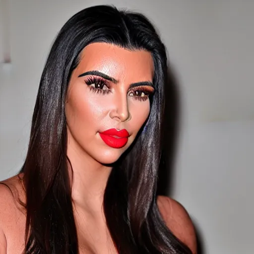 Image similar to Girl in colors, red lipstick on face, ugly look, style , Kim Kardashian look