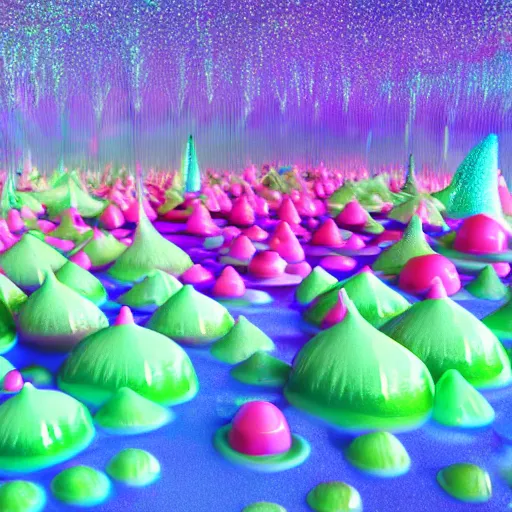 Prompt: jello Mushrooms covering the inside of prismatic jungle, fairy dust in the air, octane render