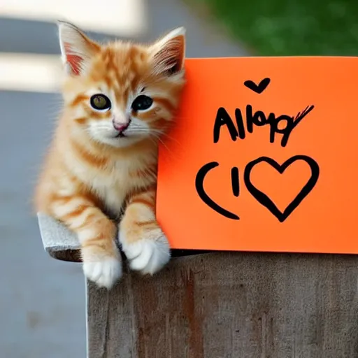 Image similar to cute fluffy orange tabby kitten with a sign that says