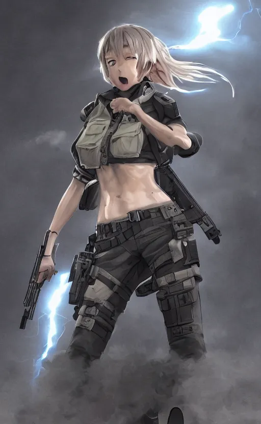 Prompt: highly detailed, high resolution, character design art, stunning, volumetric lightning, realistic guns, girls frontline style, matte, sharp focus, 130mm, illustration, artstation, by yusuke kozaki, professional result, realistic human anatomy, simple design, realistic military gear, metal gear style, 3d render