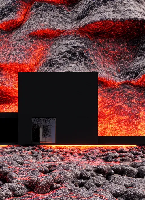 Prompt: a tall black geometric house by reza mohtashami embedded in tall a lava cliff, full view, black house, made of molten metal house, minimal, rippled white landscape, dwarven architecture, red light out of the big glass windows, octane render, hyper realistic, 8 k, octane render