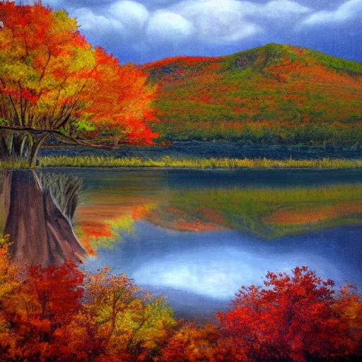 Prompt: hyper realistic landscape painting of sleeping giant park in ontario during fall