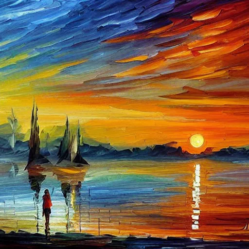 Prompt: sunset on the lake, by leonid afremov