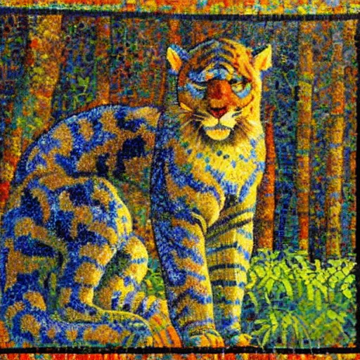 Prompt: church painting of the god of nature, the blue panther, impressionistic mosaic