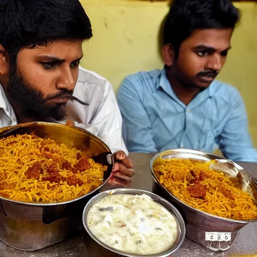 Image similar to A college student is eating chicken biryani in an Andhra mess, highly detailed, 4k, realistic faces, portrait shot, 30mm wide angle