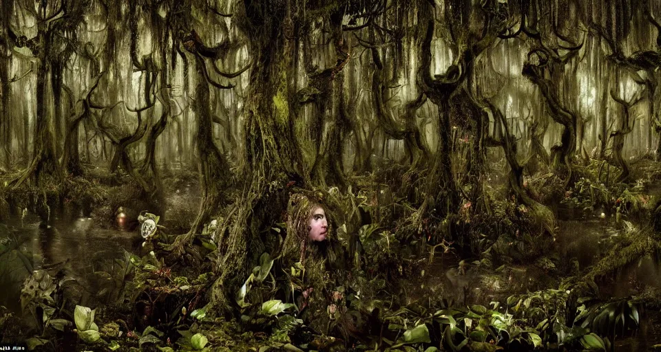 Image similar to A dense and dark enchanted forest with a swamp, by Kirsty Mitchell