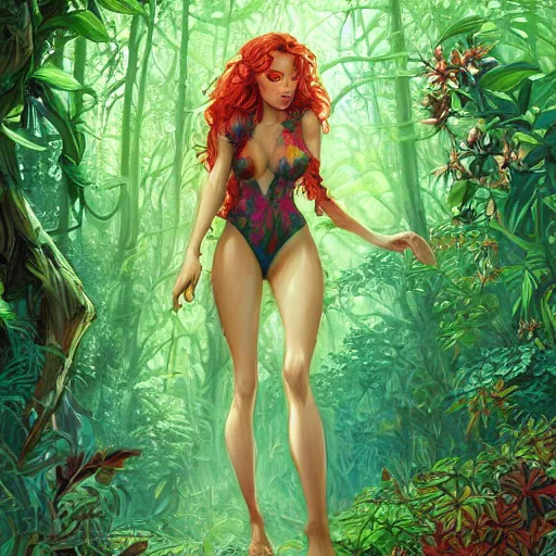 Prompt: a beautiful painting of poison ivy walking in the jungle, blooming jungle flowers, tall old growth trees, intricate, elegant, highly detailed, digital painting, artstation, concept art, matte, sharp focus, illustration, by dan mumford, yusuke murata, makoto shinkai, ross tran