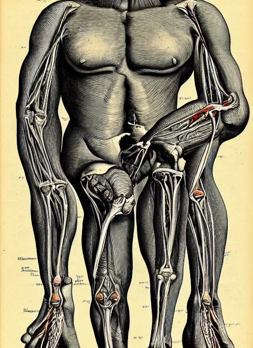 Image similar to vintage medical anatomical illustration of sasquatch, highly detailed, labels, intricate writing