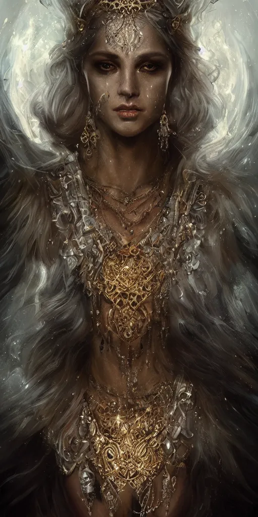 Prompt: realistic character concept of creature fantastic with lots of jewelry in the face, elegant pose, scifi, illustration, slender symmetrical face and body, artstation, cinematic lighting, hyperdetailed, cgsociety, 8 k, high resolution, charlie bowater, tom bagshaw, insanely detailed and intricate, beautiful, elegant, golden ratio, dark fractal background, vfx, postprocessing