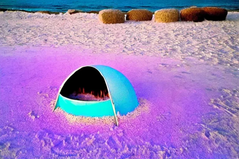 Prompt: a vintage family holiday photo of an empty beach from an alien dreamstate world with chalky pink iridescent!! sand, reflective lavender ocean water and a pale igloo shaped plastic transparent bell tent opposite a fire pit with an iridescence blue flame. refraction, volumetric, light.