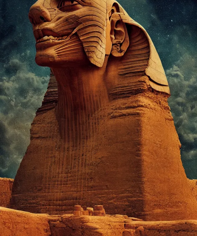 Image similar to epic professional digital art the sphinx, horrific yet beautiful vibe, evocative, atmospheric lighting, painted, intricate, highly detailed, by leesha hannigan, wayne haag, reyna rochin, ignacio fernandez rios, mark ryden, iris van herpen, artstation, cgsociety, stunning, gorgeous, sharp focus, cinematic, masterpiece