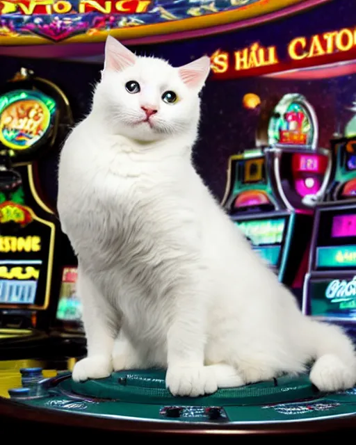 Prompt: a cute fluffy white cat winning slot machine jackpot in cat casino