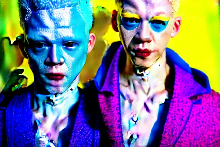 Prompt: a close - up risograph of cyberpunk albinism model men wearing lots of transparent and cellophane accessories, yellow colors, huge earrings and queer make up, blue hour, twilight, cool, portrait, crispy, full - shot, blue sky, kodachrome, photo by mayumi hosokura, style by moebius