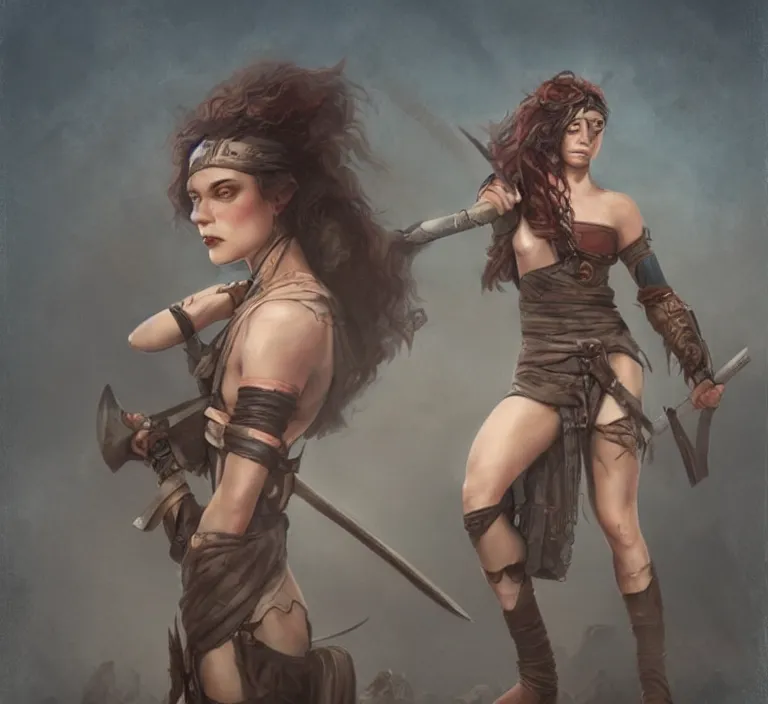 Prompt: a rugged female warrior in the style of tom bagshaw