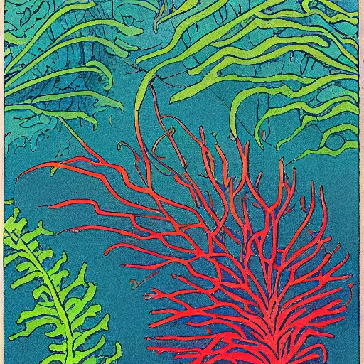 Prompt: vintage colored detailed illustration of random seaweed, neon colors