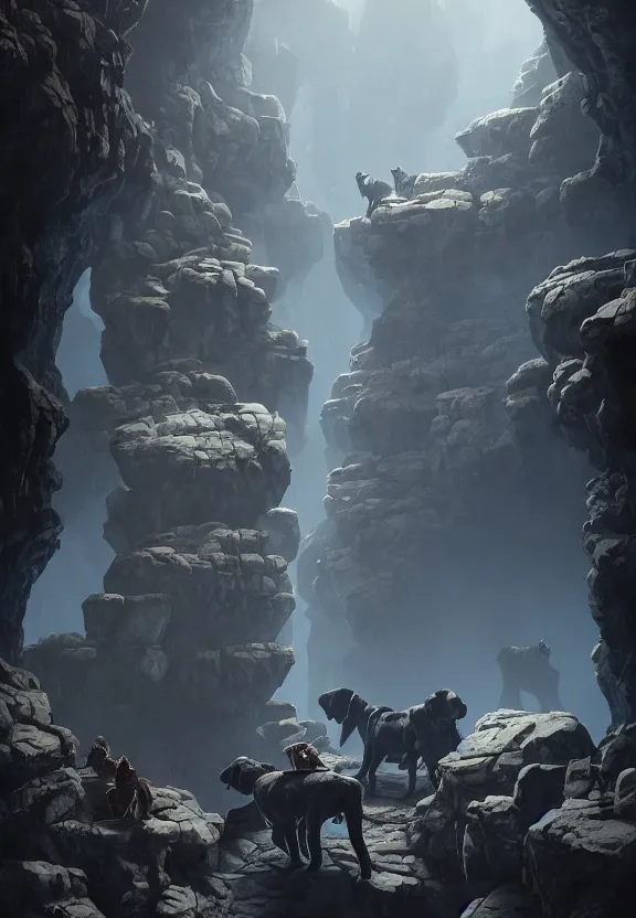 Prompt: a small party of adventurers attacked by dark black mastiffs made of shadows while exploring a claustrophobic dark blue canyon of stone, oil painting, greg rutkowski, unreal engine, octane render, cinematic lighting, highly detailed