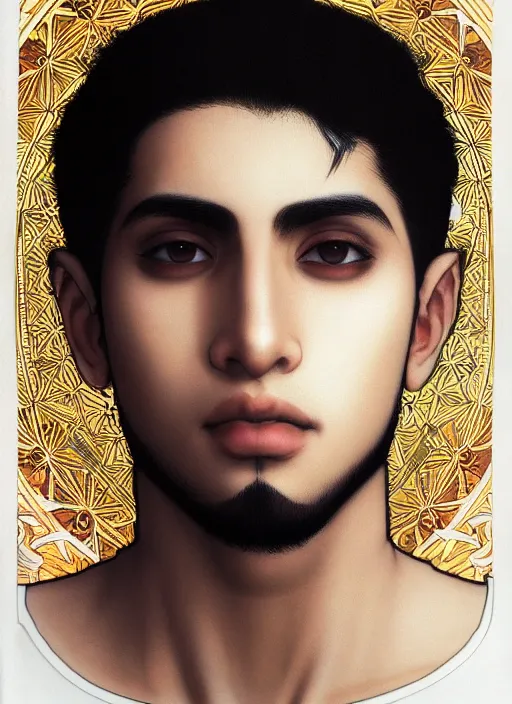 Image similar to beautiful medium shot portrait of a young arabic man inspired by ayami kojima with short hair dressed with a white t - shirt looking into the camera from three - quarters, white background white bank studio light, art by yoshitaka amano, alfons mucha, final fantasy, high quality, 8 k