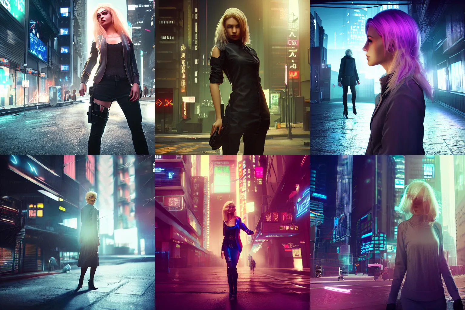 Prompt: a beautiful detective woman with blonde hair, a cyberpunk city, volumetric light, by weta fx, by wlop, neon, futuristic, octane renderer, full body