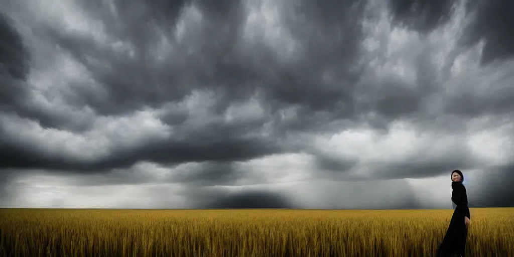 Image similar to girl is standing in a wheat field with heavy black clouds and a thunder in the background, photo by Ted Gore,