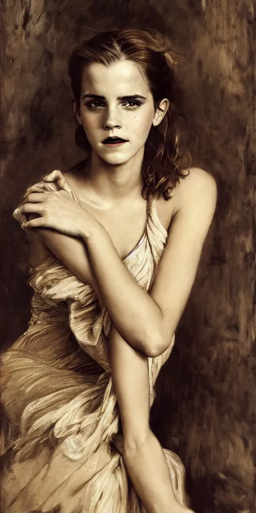 Image similar to emma watson detailed portrait painting by gaston bussiere craig mullins j. c. leyendecker photograph by richard avedon peter lindbergh annie leibovitz