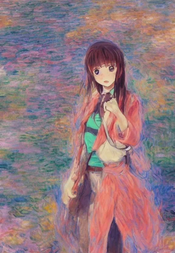 Prompt: wide angle portrait of a teenage girl, a thrifty outfit, very anime in impressionist style, city background, anime trending artwork, anime painter studio, by claude monet