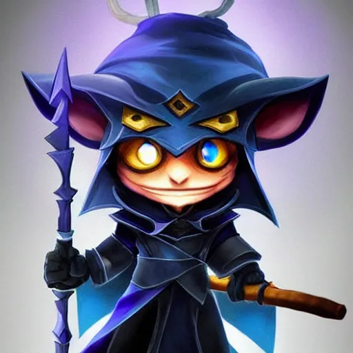 Image similar to Veigar from League of Legends, a small yordle, wearing blue cloak, magical staff, dark face