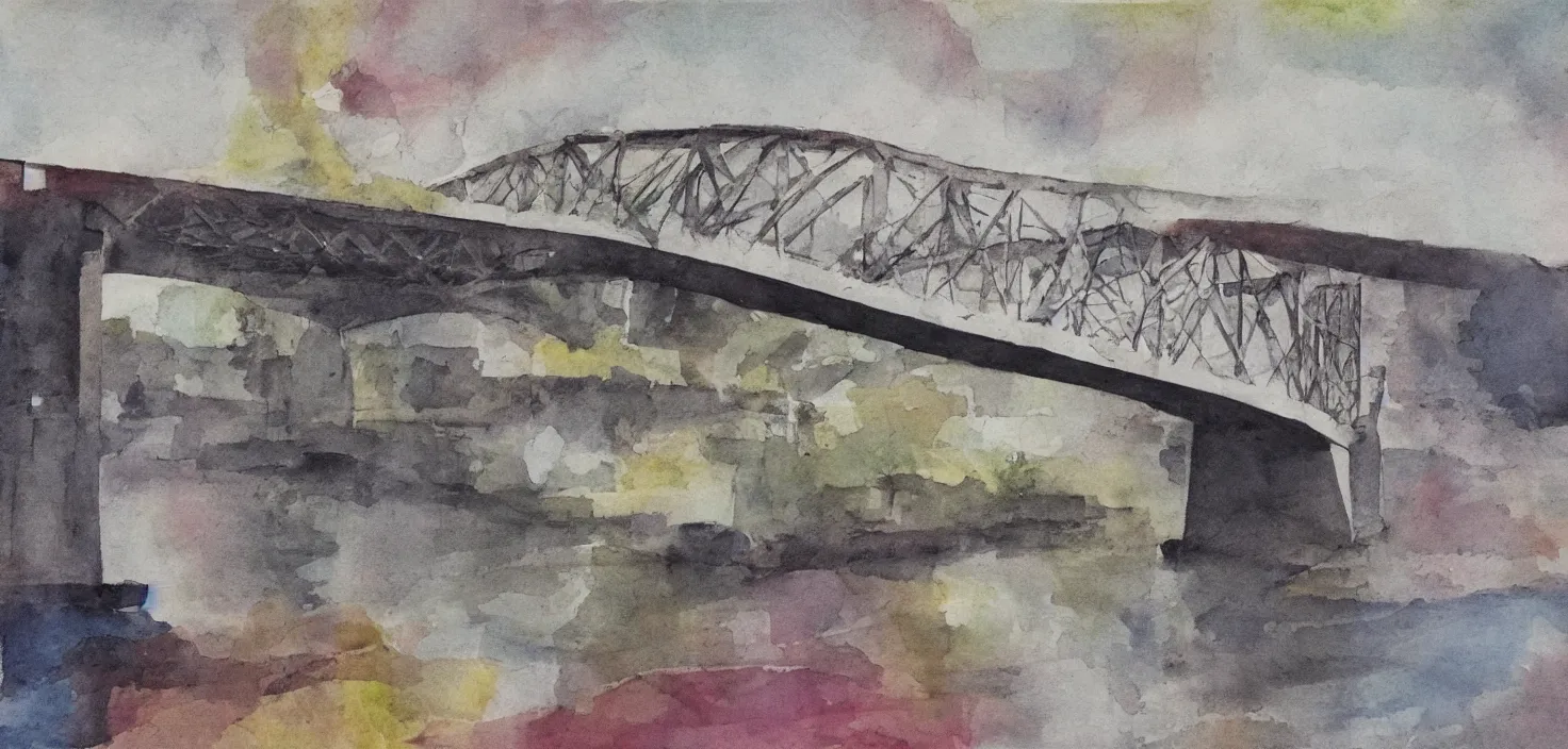 Image similar to bridge over a river , angular, splotches, soft outlines, high contrast, muted colours