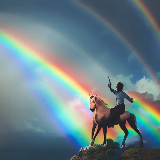 Prompt: guy vapes rainbows while riding a unicorn, hyper realistic, award winning photography, 8k, colourful,