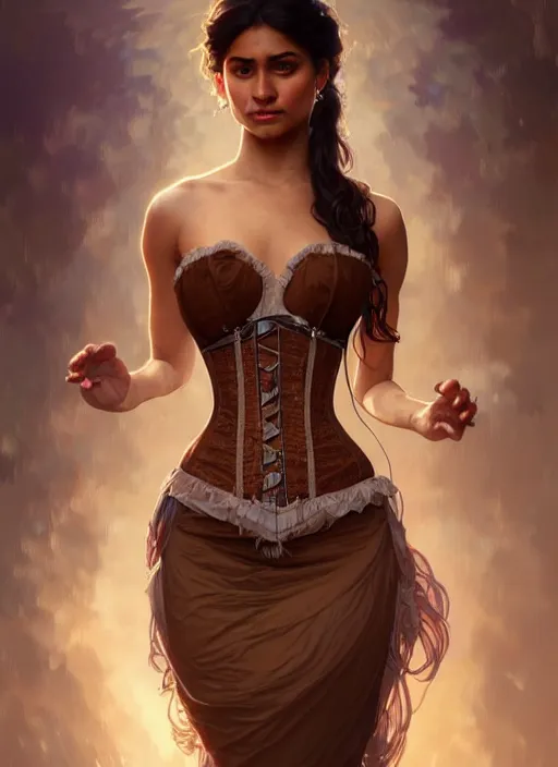 Image similar to cute brown woman wearing a translucent corset dress, fantasy, intricate, highly detailed, digital painting, artstation, concept art, wallpaper, smooth, sharp focus, illustration, art by artgerm and greg rutkowski and alphonse mucha