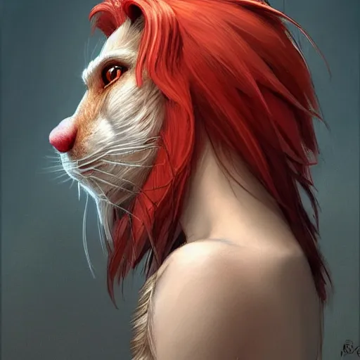 Image similar to portrait of a rat with a humanoid face, male, handsome, full body, furry chest, red hair, long hair, soft hair, fantasy, red kimono, intricate, elegant, highly detailed, suit, digital painting, artstation, concept art, character art, smooth, sharp focus, illustration, art by artgerm and greg rutkowski and alphonse mucha