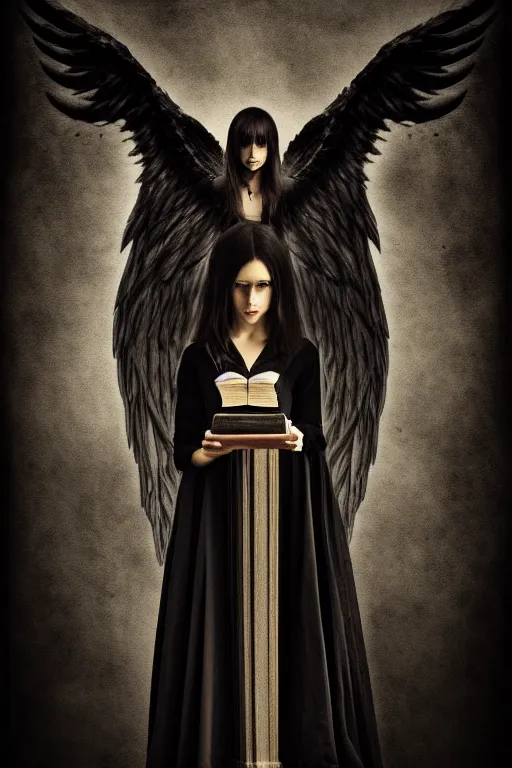 Image similar to dlsr photo illustration of summoned dark angel holding a book of necronomicon, symmetrical, cinematic, sharp focus, 4 k, ultra hd, sense of awe, sinister demonic atmosphere, dreadful, forbidden knowledge, old gods. demonology journal cover