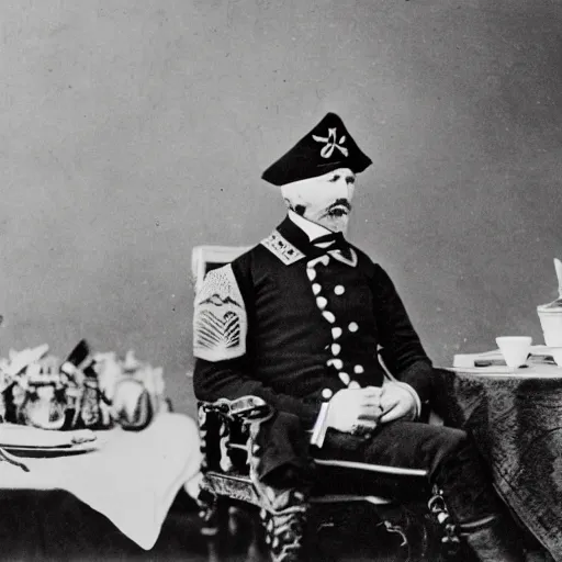 Image similar to a 1 8 5 8 photo of general pitzer, a union general, eating a large burrito with cheese and salsa