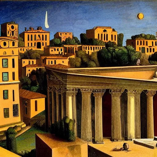 Image similar to solarpunk dreaming new York stock exchange in a toscana landscape with modern houses, painted by Giorgio de Chirico, highly detailed